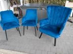 Design zetel + 2 stoelen in petroleum blauw velvet, Enlèvement, Comme neuf, Bleu, Design