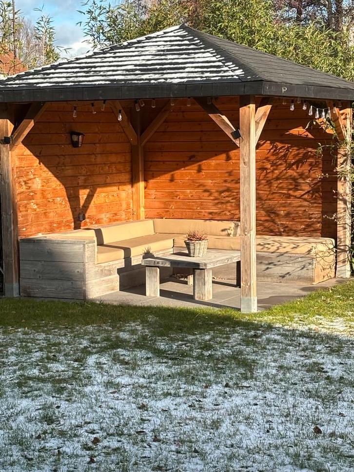 Hoeklounge en tafeltje steigerhout, Tuin en Terras, Tuinsets en Loungesets, Zo goed als nieuw, Loungeset, Steigerhout, Ophalen