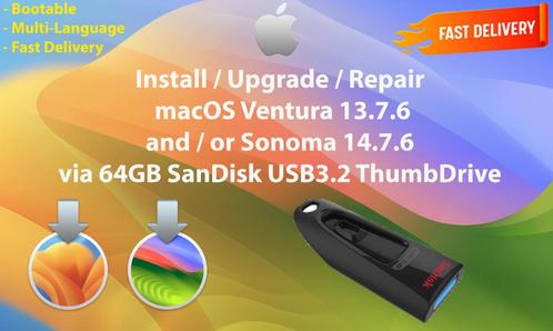 macOS Ventura 13.7.6+Sonoma 14.7.6 via USB3.2 Stick 64GB OSX, Computers en Software, Besturingssoftware, Nieuw, MacOS, Verzenden