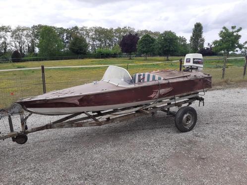 Houten speedboot, Watersport en Boten, Speedboten, Gebruikt, 3 tot 6 meter, Benzine, Minder dan 70 pk, Hout, Buitenboordmotor