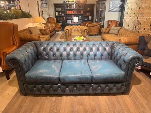 Gave Chesterfield 3 Zits bank Jeans blauw zetel, Antiek en Kunst, Antiek | Meubels | Stoelen en Sofa's, Ophalen of Verzenden