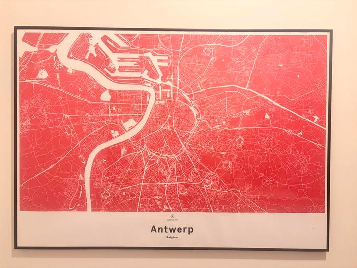 Grote ingekaderde poster Antwerpen, Verzamelen, Posters, Zo goed als nieuw, Overige onderwerpen, Rechthoekig Liggend, Met lijst