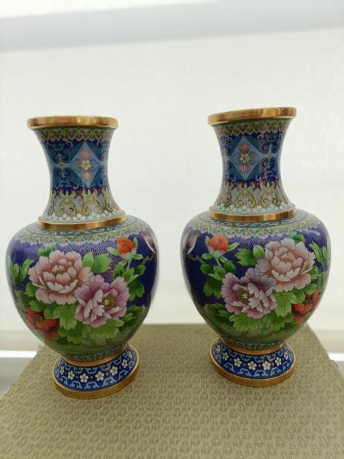 Cloisonne vaas koppel, antiek kopere vazen, Chinese vintage, Antiquités & Art, Antiquités | Vases, Enlèvement