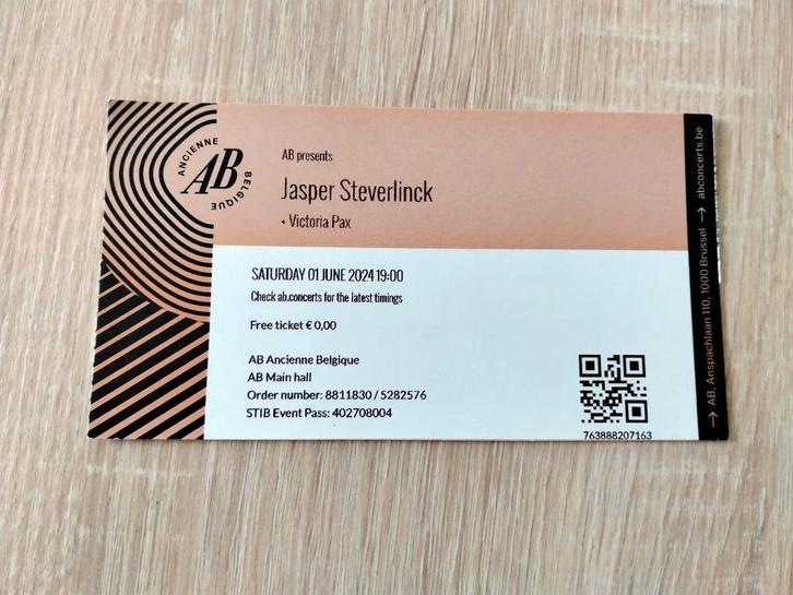 Jasper Steverlinck @AB concertticket (Brussel) 1/6/2024, Verzamelen, Overige Verzamelen, Gebruikt, Ophalen