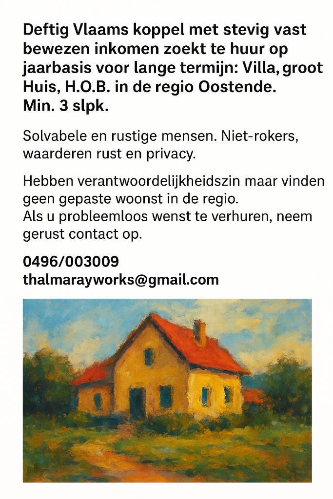 Oostende TE HUUR GEZOCHT - Grote Woning, Immo, Op zoek naar een huis