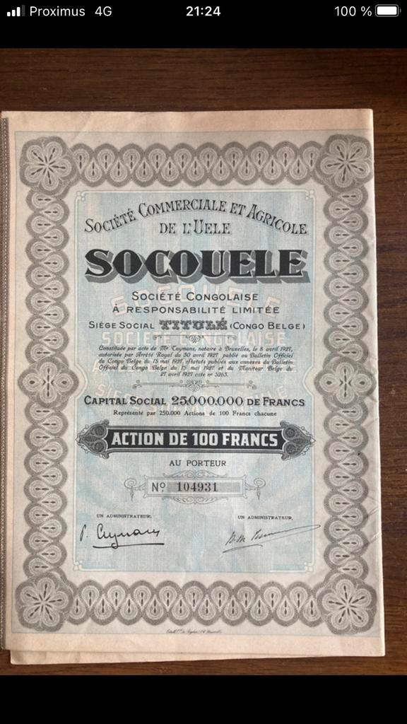 Anciennes actions du Congo, Belgique et France, Postzegels en Munten, Aandelen en Waardepapieren, Ophalen
