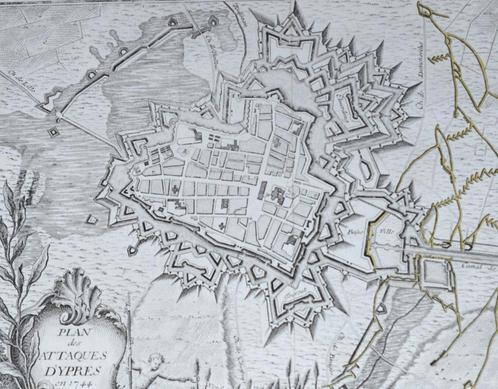 Plattegrond kaart Ieper 1744 Ypres, Antiquités & Art, Art | Eaux-fortes & Gravures, Enlèvement ou Envoi