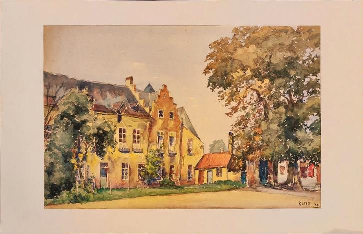 Aquarelle - vue de village - Ireve, Antiek en Kunst, Kunst | Overige Kunst, Ophalen of Verzenden