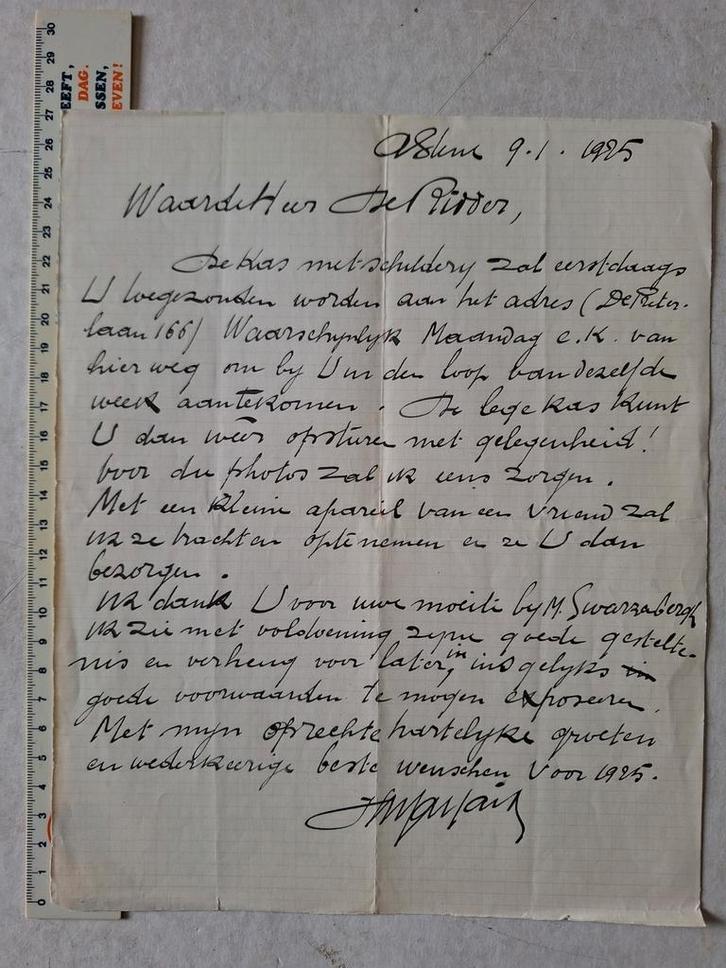 Eigenhandig geschreven brief Hubert Malfait 9 januari 1925, Antiek en Kunst, Kunst | Overige Kunst, Ophalen of Verzenden