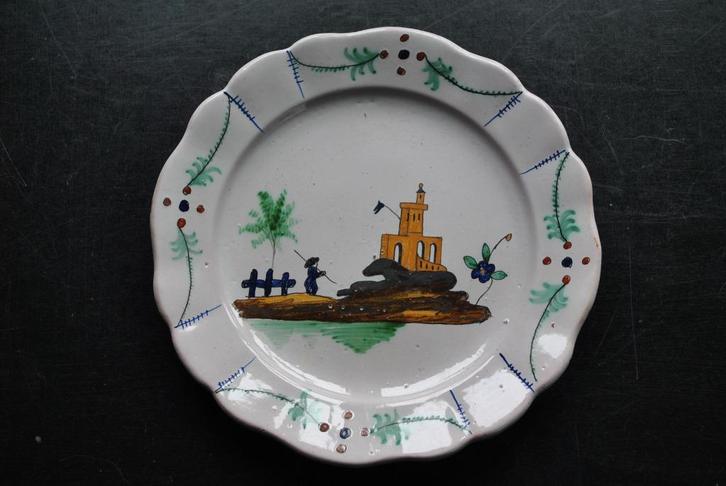 19e polychroom aardewerk bord met kasteeldecor ZELDZAAM, Antiek en Kunst, Antiek | Keramiek en Aardewerk, Ophalen of Verzenden