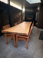 Tuintafel keukentafel Boomtafel met 8 houten stoel, Tuin en Terras, Ophalen, Gebruikt, Rechthoekig, Hout