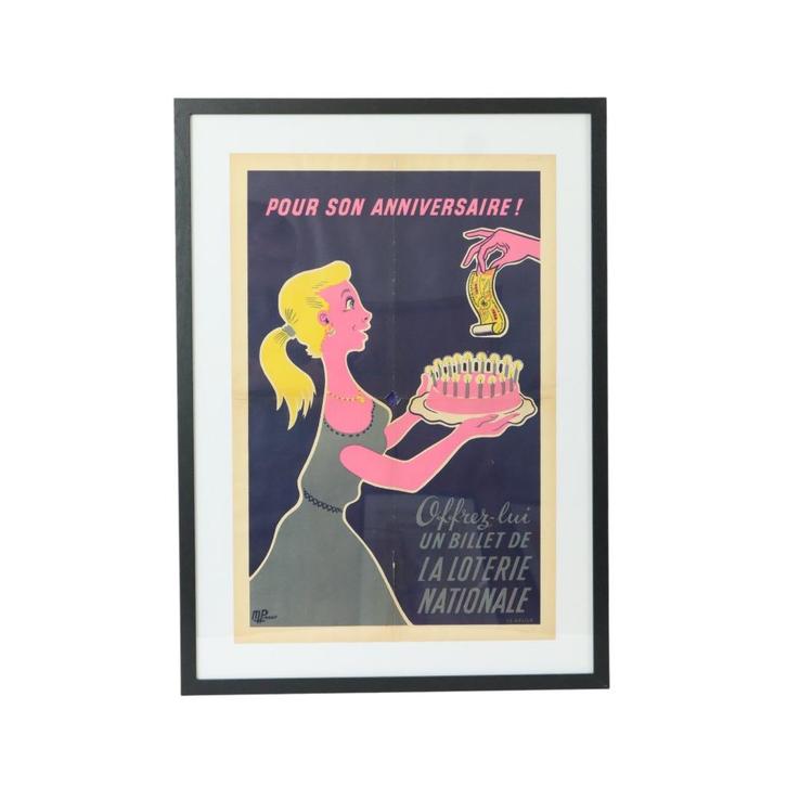 Vintage Ingelijste Poster Loterie Reclame France Fifties, Verzamelen, Posters, Gebruikt, Reclame, Rechthoekig Staand, Met lijst