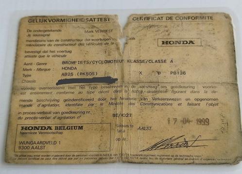 Origineel Honda Wallaroo Klasse A-conformiteitscertificaat, Fietsen en Brommers, Brommeronderdelen | Oldtimers, Ophalen