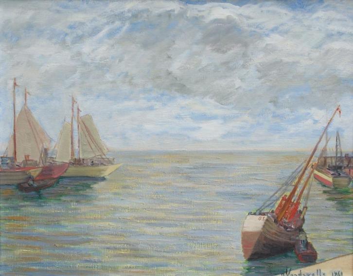 Adriaan Vandewalle (1907-1997): Vissersboten (O/D, 75x65cm), Antiek en Kunst, Kunst | Schilderijen | Klassiek, Ophalen of Verzenden