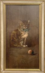 Spelende kat met bal, Originele vintage schilderij, Antiek en Kunst, Kunst | Schilderijen | Modern, Verzenden