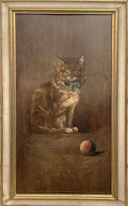 Spelende kat met bal, Originele vintage schilderij, Antiek en Kunst, Kunst | Schilderijen | Modern, Verzenden
