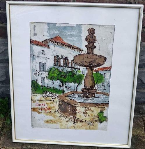 Technique mixte fontaine signe Bernard dufour, Antiek en Kunst, Kunst | Schilderijen | Klassiek, Ophalen of Verzenden