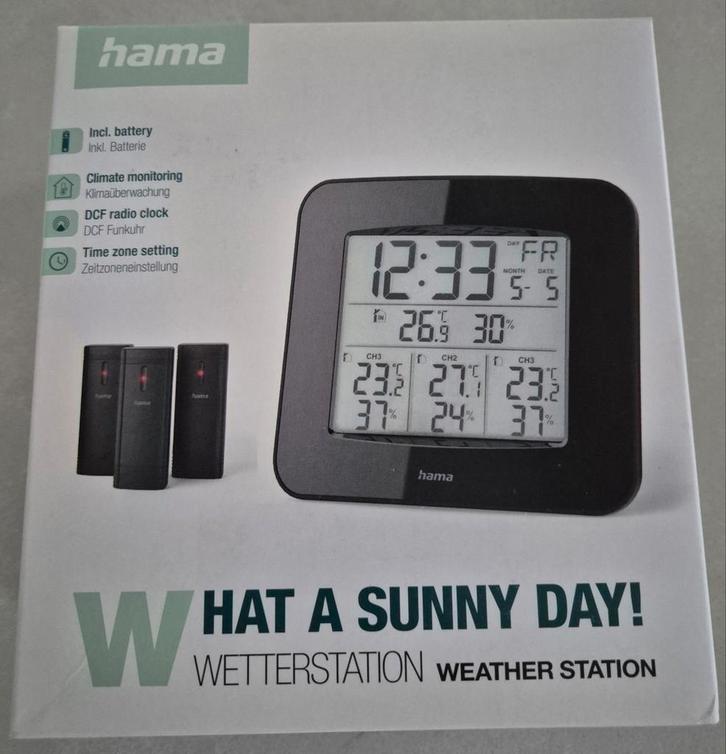 Station météo Hama + 3 capteurs sans fil, TV, Hi-fi & Vidéo, Stations météorologiques & Baromètres, Neuf, Station météo, Enlèvement ou Envoi