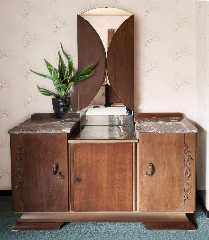 ArtDeco kaptafel, ronde 3delige spiegel🌷 weg op 16/03!, Antiek en Kunst, Antiek | Spiegels, 100 tot 150 cm, Minder dan 100 cm