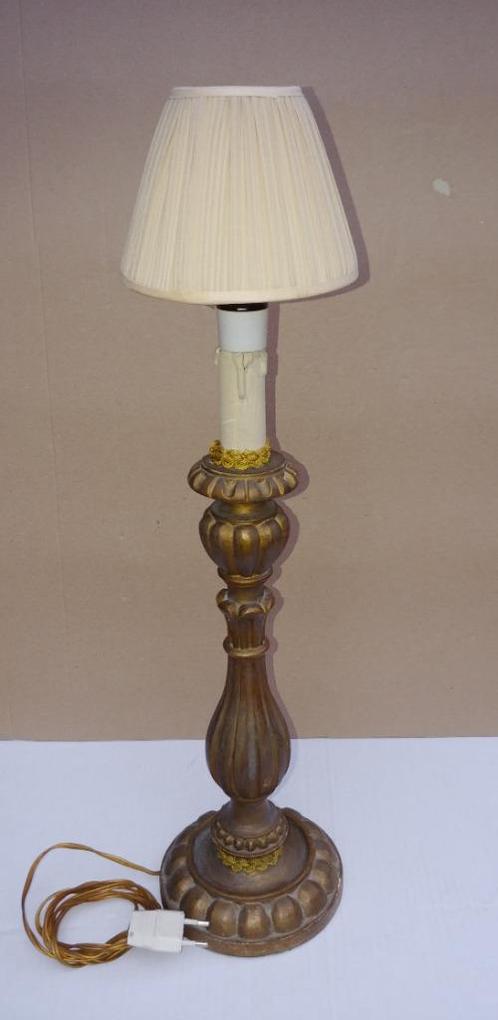 Vergulde houten lampedair Edwardian en plissé kap, Huis en Inrichting, Lampen | Tafellampen, Gebruikt, 50 tot 75 cm, Hout, Stof