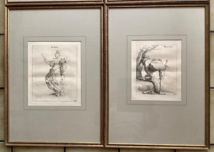 Gravure - De vier seizoenen, Antiek en Kunst, Kunst | Etsen en Gravures, Ophalen of Verzenden