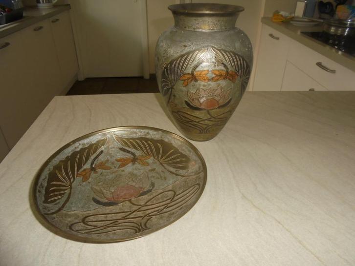 Cloisonne vaas en schaal / Koper met emaille / A, Dellaux, Antiek en Kunst, Antiek | Email, Ophalen