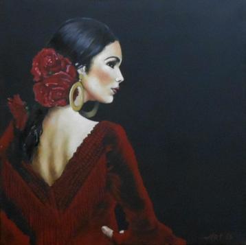 "Flamencodanseres" Schilderij   beschikbaar voor biedingen