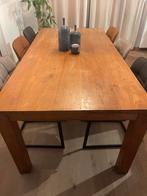 Teakhouten tafel + 6 nubuckstoelen, Huis en Inrichting, Ophalen, Zo goed als nieuw, 6 tot 8 stoelen