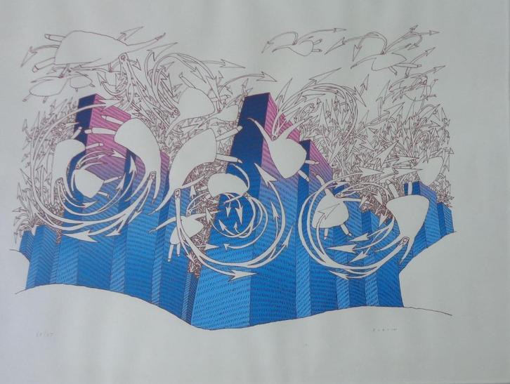 JEAN-MICHEL FOLON / WERVELWIND / KLEURLITHO / 75x96cm KADER, Antiek en Kunst, Kunst | Litho's en Zeefdrukken, Ophalen