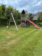 Speeltuinhuis in hout met schommel en klimwand, Ophalen, Zo goed als nieuw, Glijbaan