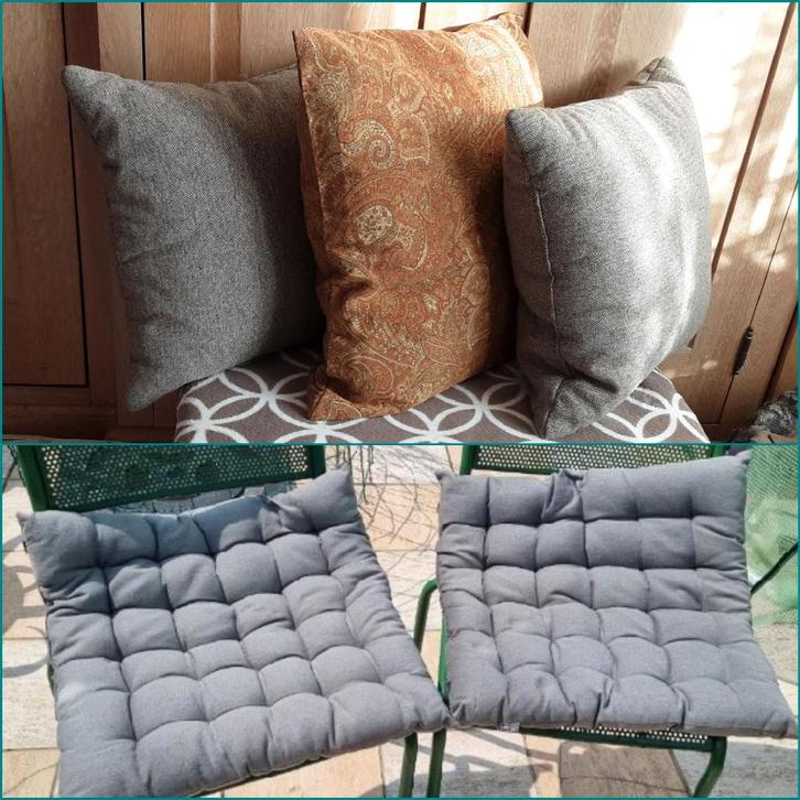 SET: 2 grote zitkussen, 3 dikke sierkussen, kleine plaid, Tuin en Terras, Tuinmeubel-accessoires, Ophalen of Verzenden