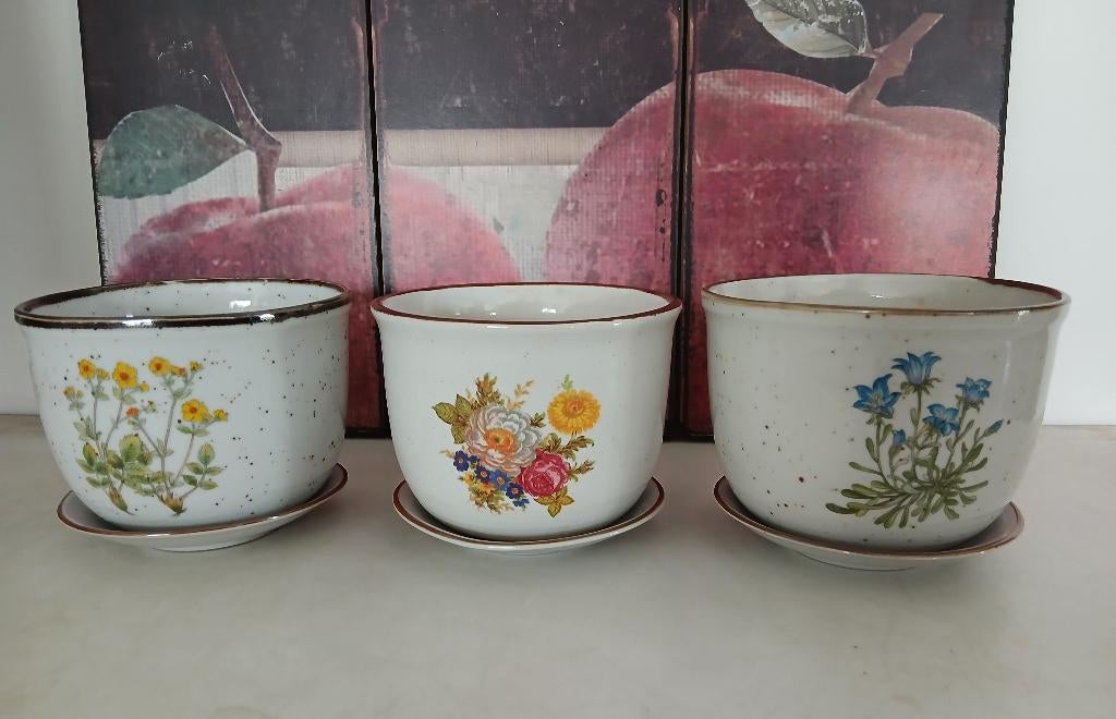 Vintage bloempotten botanica porselein Ø 13,5cm met schotel, Ophalen of Verzenden, Binnen
