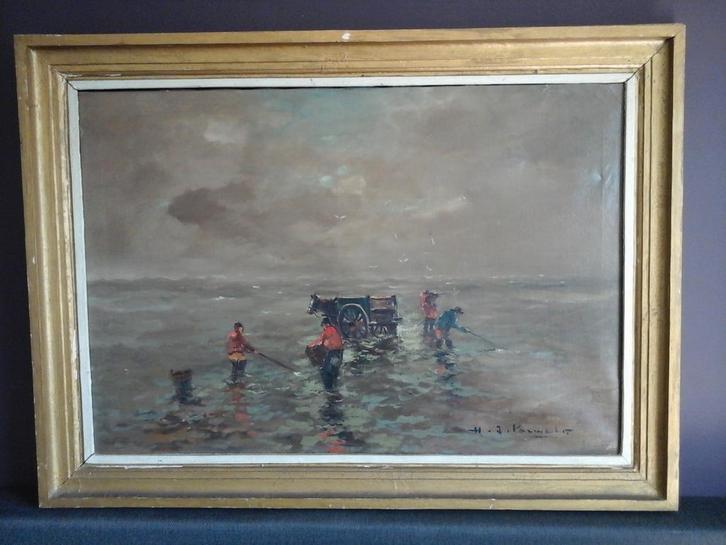 MOOI GROOT SCHILDERIJ VAN H J PAUWELS  "DE SCHELPEN VISSERS", Antiek en Kunst, Kunst | Schilderijen | Klassiek, Ophalen
