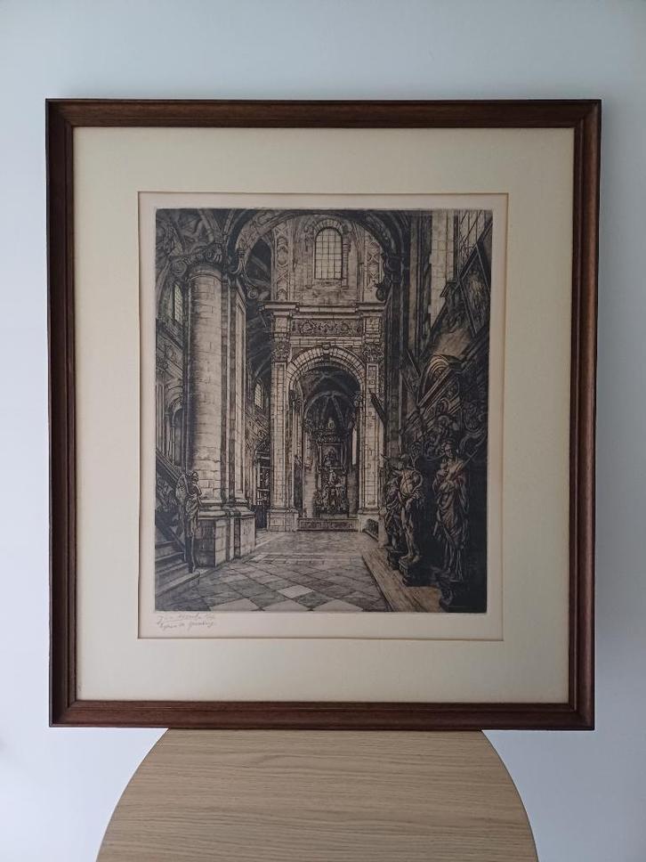 Interieur kerk van Grimbergen – Jos Albert (1886 -1981), Antiek en Kunst, Kunst | Etsen en Gravures, Ets, Genummerd, Religie, Ophalen
