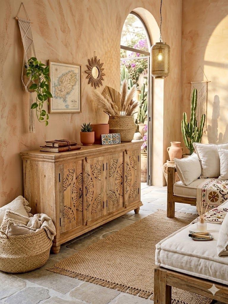 Buffet unique New Ibiza/Boho sculpté à la main, Maison & Meubles, Armoires | Dressoirs, Neuf, 150 à 200 cm, 25 à 50 cm, Avec porte(s)