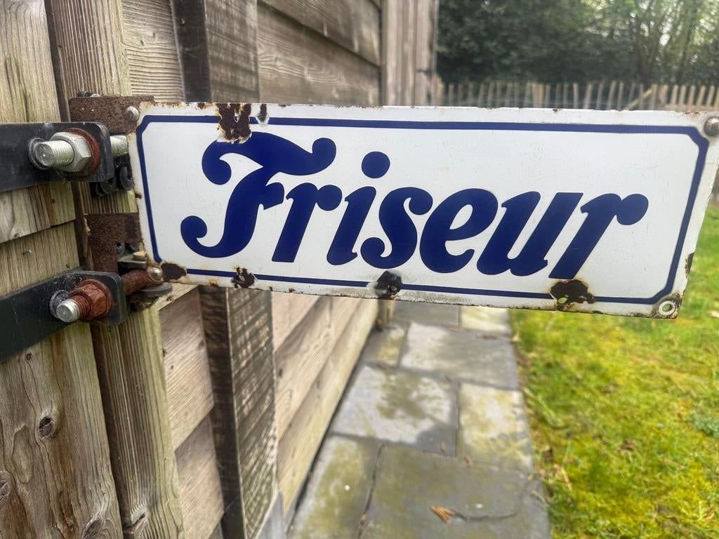 Emaille bord Friseur, Ophalen of Verzenden, Gebruikt