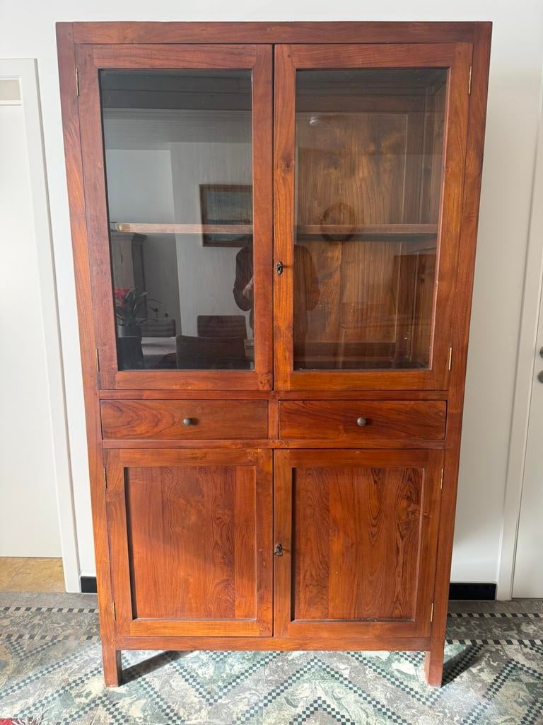 Vitrinekast massieve Indonesische teak, Huis en Inrichting, Ophalen, Zo goed als nieuw, Teakhout