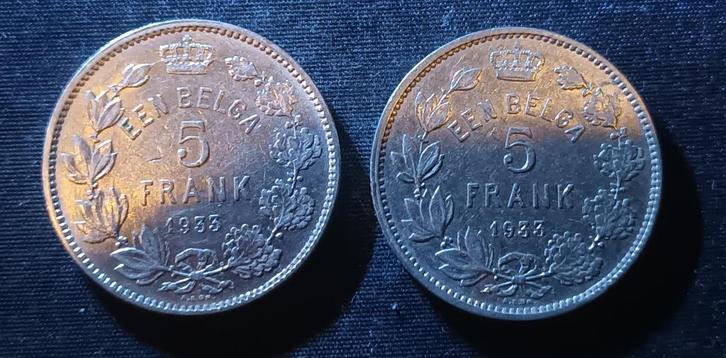 Lot: 1 belga, 5 frank 1933 VL, pos. A & B - Albert I, Postzegels en Munten, Munten | België, Setje, Verzenden