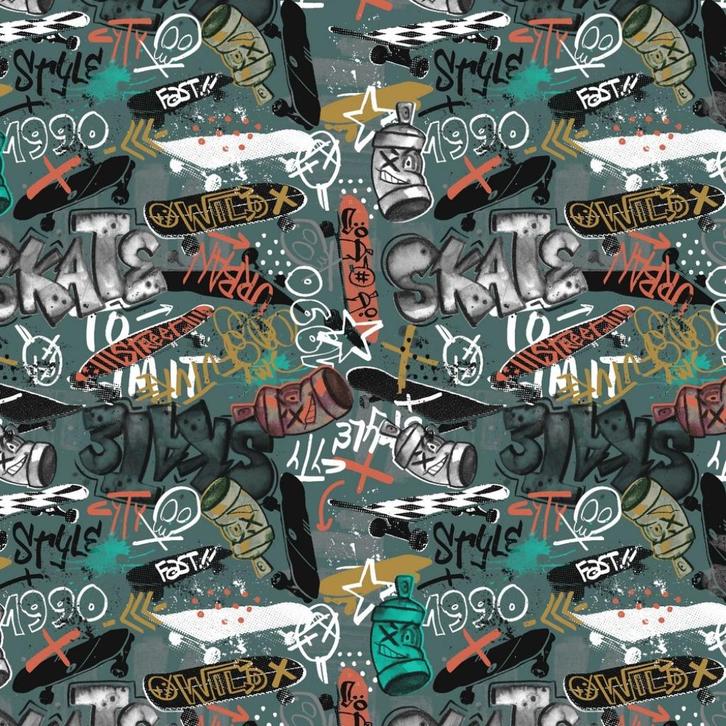 Jersey digital stof graffiti, old green, Hobby en Vrije tijd, Stoffen en Lappen, Nieuw, Katoen, 120 cm of meer, 200 cm of meer