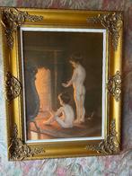 Prachtig schilderij 'kindjes bij de haard' in vergulde kader, 75 cm ou plus, Enlèvement, Utilisé, Peinture