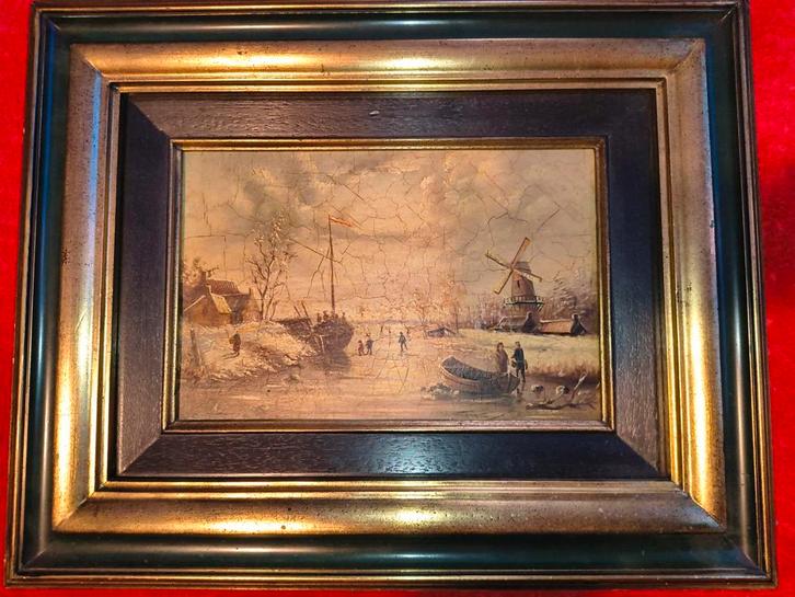 Paysage d'hiver animé avec moulin et patineurs., Antiquités & Art, Art | Peinture | Classique, Enlèvement