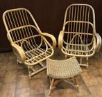 Prachtige vintage rotan set van 2 stoelen met voetbankje, Riet of Rotan, Gebruikt, Ophalen