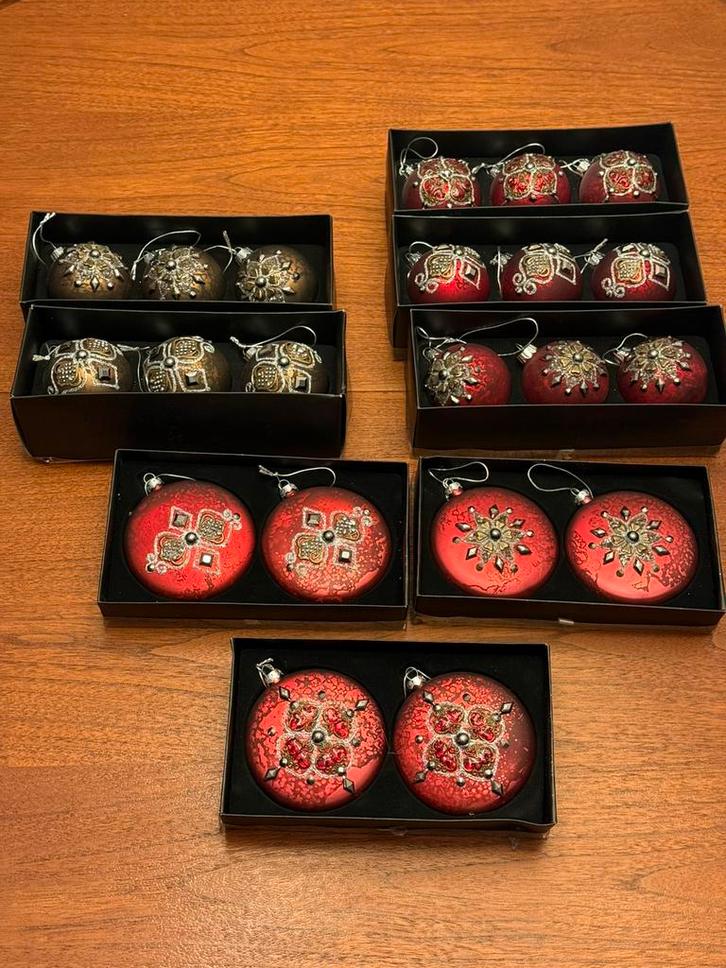 Luxe kerstballen set (15 ballen) – rood & goud (glas), Divers, Noël, Comme neuf, Enlèvement
