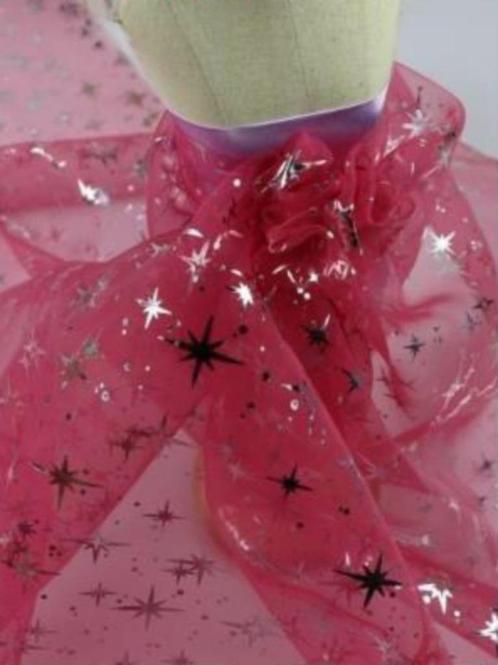 Promo! 541) 150x100cm Organza rood zilver gliter sterren, Hobby en Vrije tijd, Stoffen en Lappen, Nieuw, Polyester, 120 cm of meer