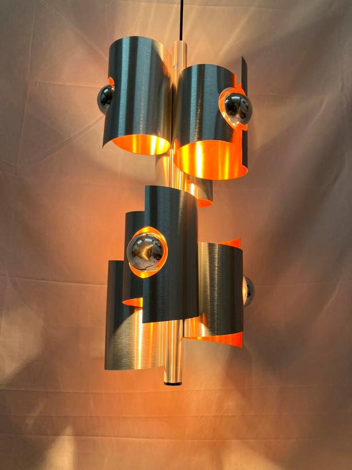 Vintage space age hanglamp, Polam, geborsteld aluminium, Huis en Inrichting, Lampen | Losse lampen, Ophalen of Verzenden