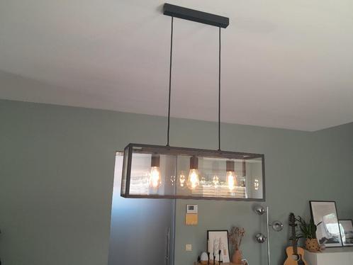 Hanglamp 3 lampen zwart metaal en glas nieuwstaat, Huis en Inrichting, Lampen | Hanglampen, Zo goed als nieuw, Glas, Metaal, Ophalen of Verzenden