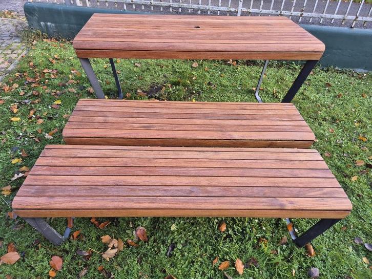 table de jardin + 2 banquettes, Tuin en Terras, Tuintafels, Gebruikt, Rechthoekig, Aluminium, Ophalen