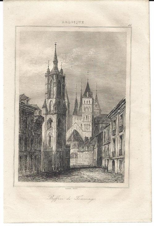 1844 - Tournai - le Beffroi, Antiquités & Art, Art | Eaux-fortes & Gravures, Enlèvement ou Envoi