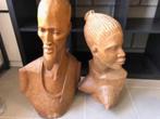 Houten snijwerk van buste Afrikaanse man en vrouw, Antiek en Kunst, Ophalen