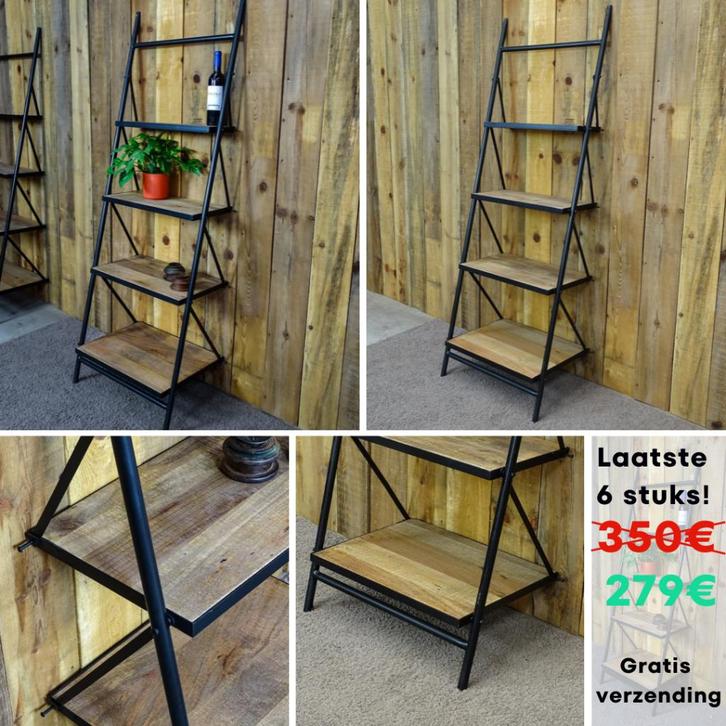 Industrieel ladderrek in massief mangohout & zwart staal, Huis en Inrichting, Kasten | Boekenkasten, Nieuw, Minder dan 50 cm, 150 tot 200 cm